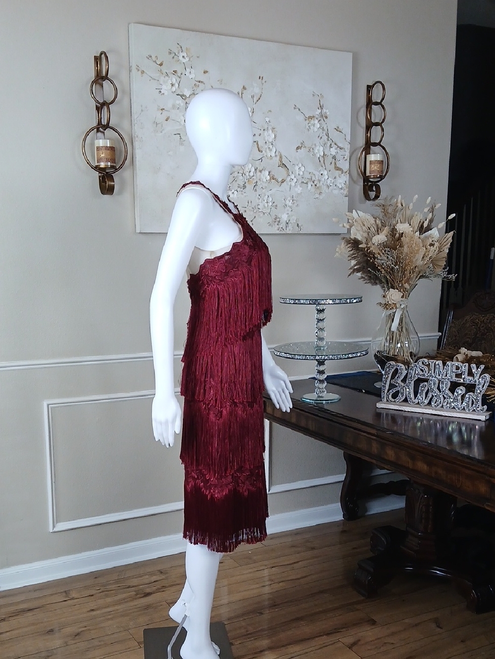 New Women's Fringed Wine Embroidered Cocktail Dress By Marchesa Notte. Size 2 - Picture 12 of 16